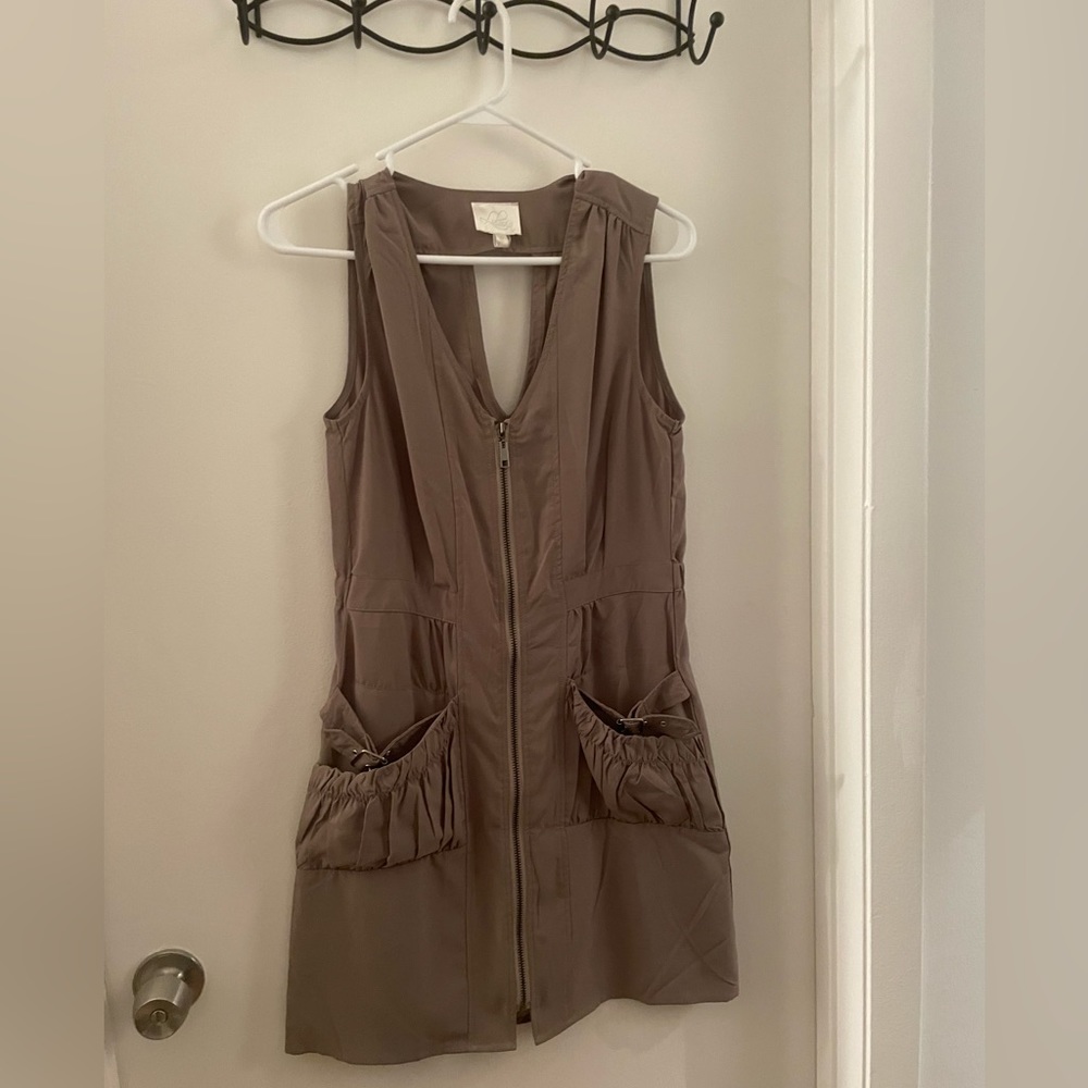 Khaki mini dress with pockets. Very casual.